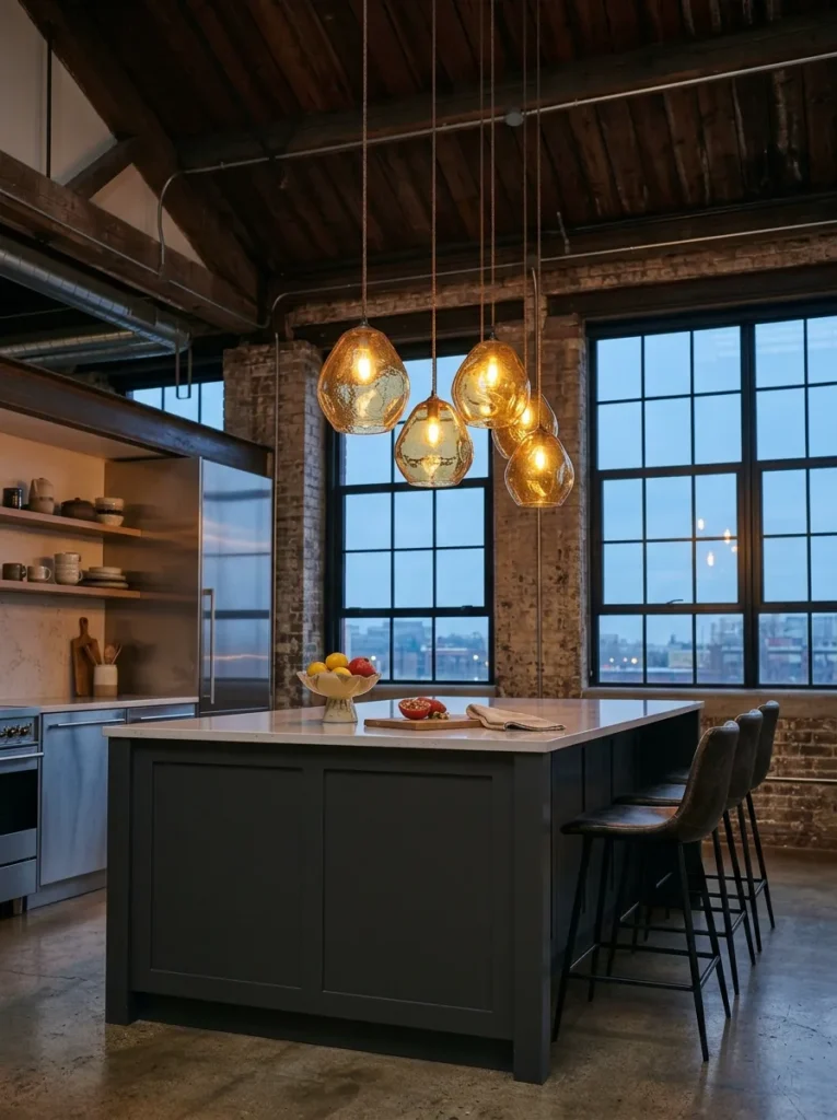 Dark kitchen island lit by a cluster of amber glass pendant lights at varying heights