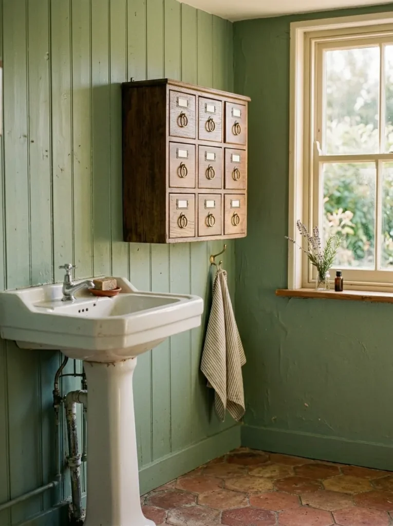 Small vintage apothecary cabinet with multiple labelled drawers mounted on a sage green bathroom wall beside a pedestal sink with exposed plumbing