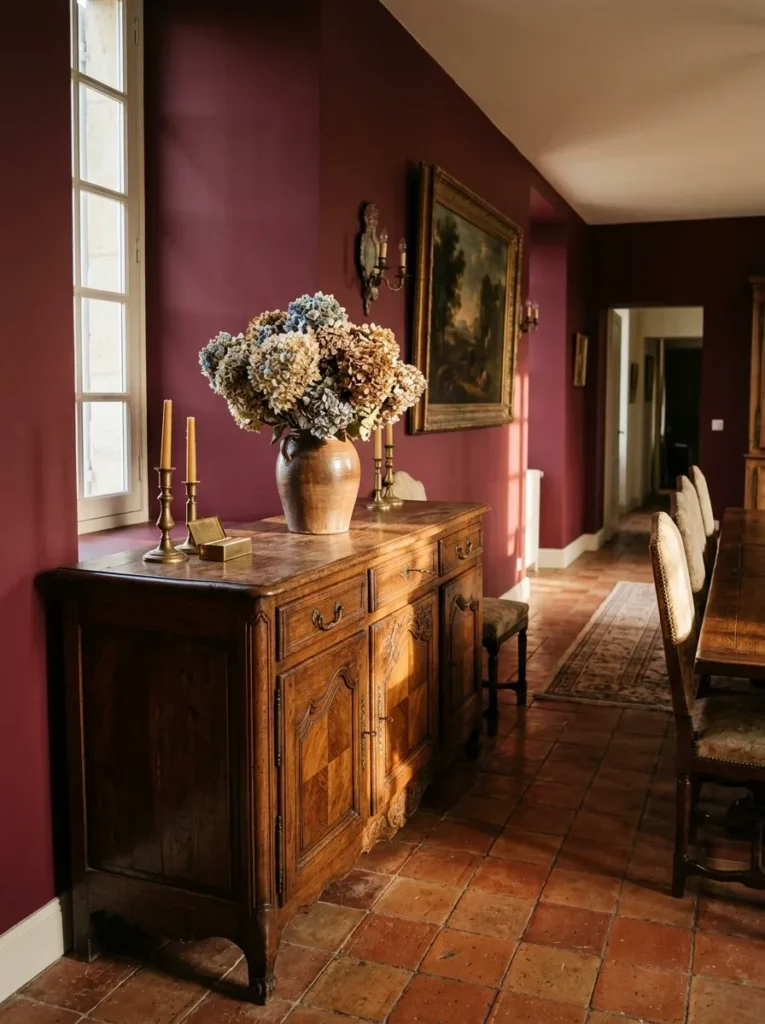 Antique wood credenza with brass hardware repurposed as dining room storage in a luxury dining room
