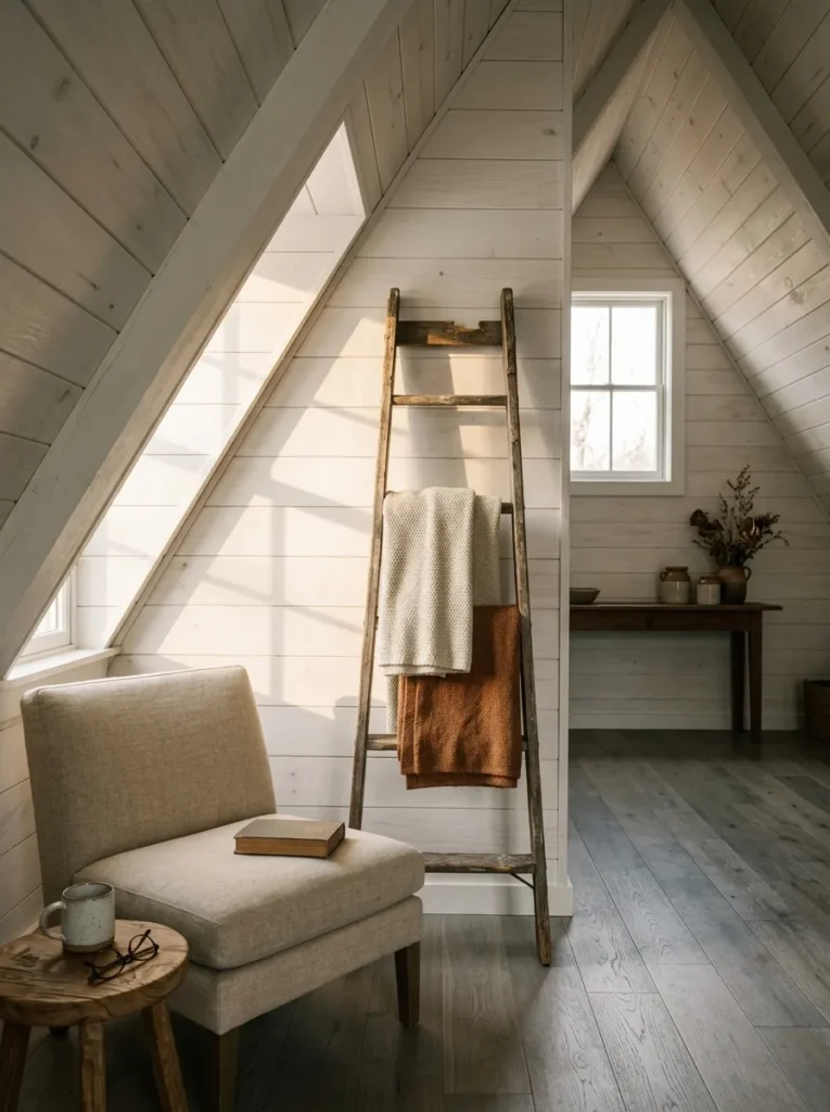 Weathered wood antique ladder leaning against a farmhouse living room wall draped with throws