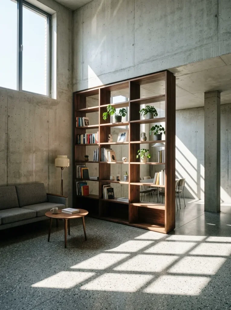 Open-backed walnut bookshelf divides a sunlit space without blocking light in a brutalist apartment living room.

