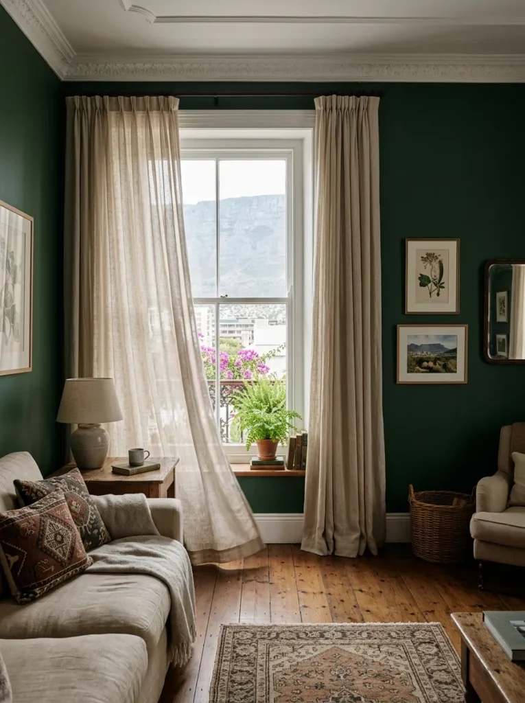 Floor-length linen curtains hang near the ceiling against deep green walls in a colonial-style apartment living room.

