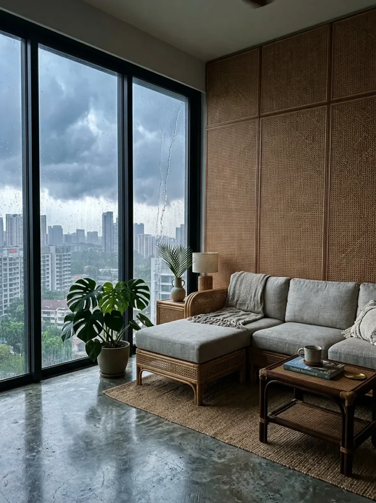 A compact rattan-trimmed sectional with a short chaise sits beneath storm light in a Singapore apartment living room.

