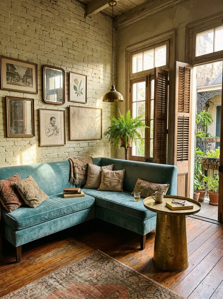 An L-shaped teal velvet banquette fills a corner against limewashed brick in a Creole-style apartment living room.

