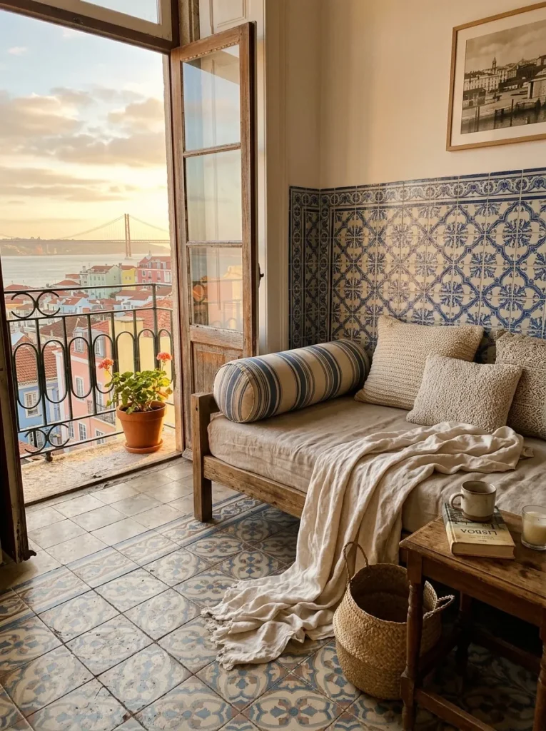 A linen daybed with one bolster sits against an azulejo tile wall in a sunlit Lisbon apartment living room.


