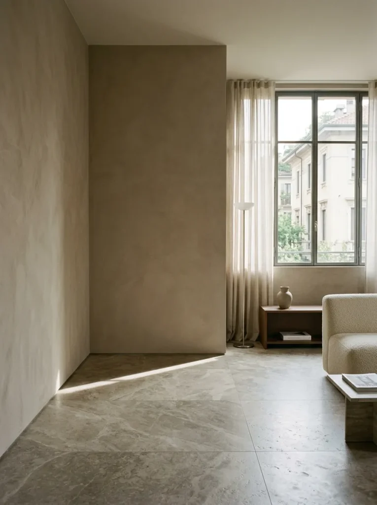 One deliberately bare corner sits untouched in a calm, light-filled Milan apartment living room.

