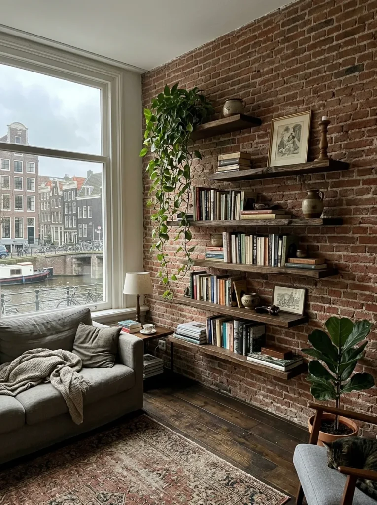 Staggered oak floating shelves hold books and a trailing plant against brick in an Amsterdam apartment living room.

