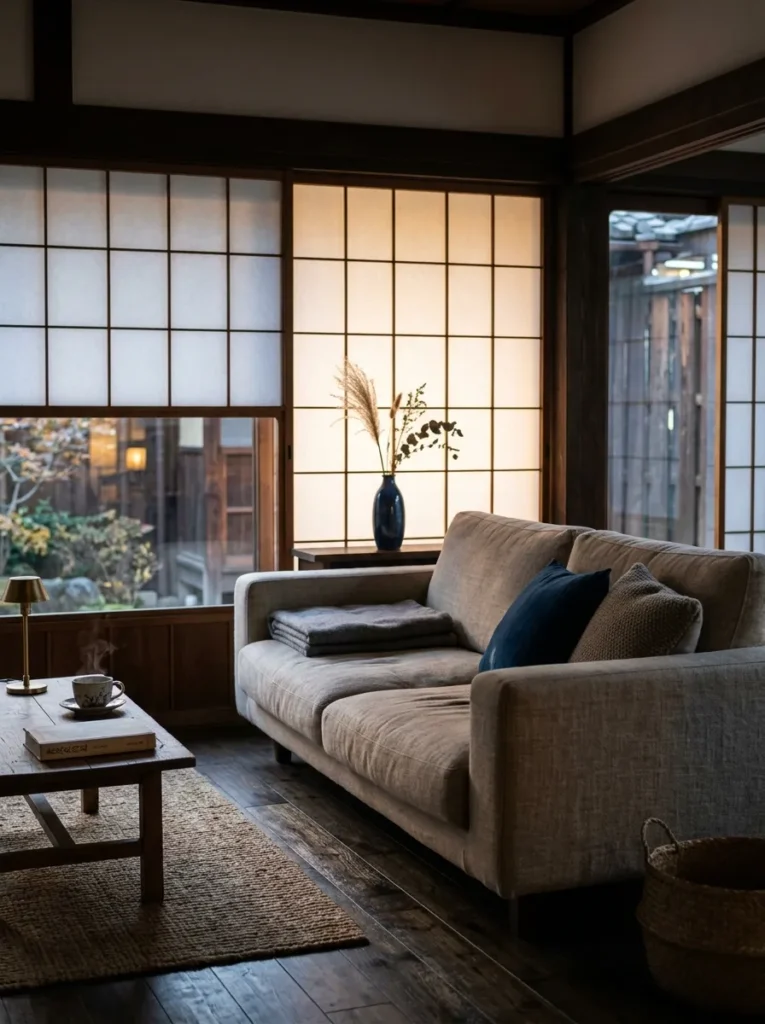 Low linen sofa floats away from a shoji-paneled wall in a serene Japanese-style apartment living room.

