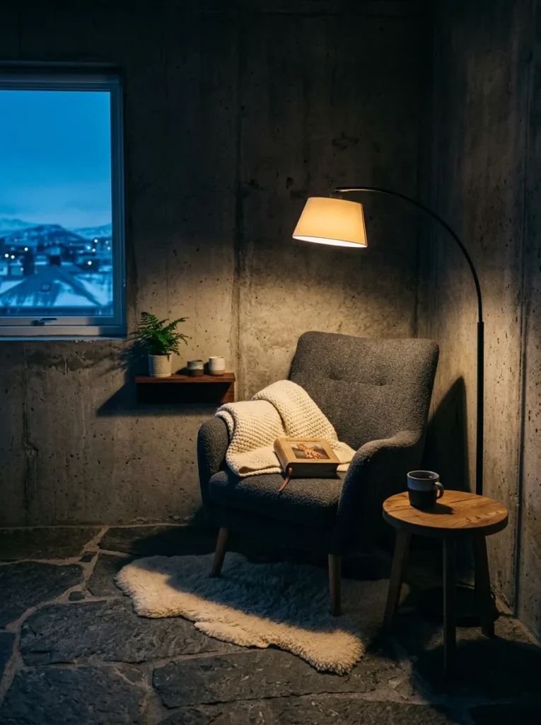 A single arched floor lamp casts warm light beside a chair in a stark Nordic apartment living room.

