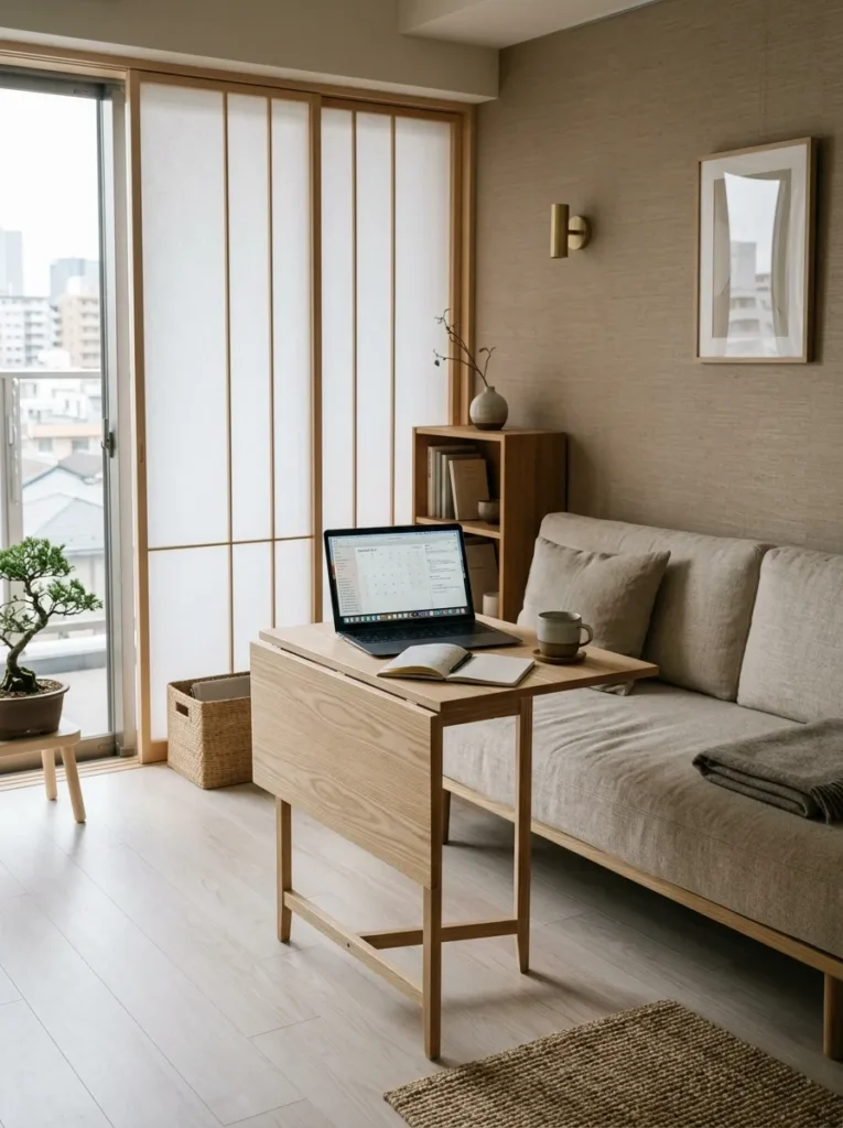 A slim folding side table sits half-extended beside a low sofa in a calm Japandi apartment living room.

