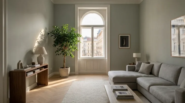 A calm, light-filled apartment living room with a sofa and tall arched window exemplifies small-space living room ideas.