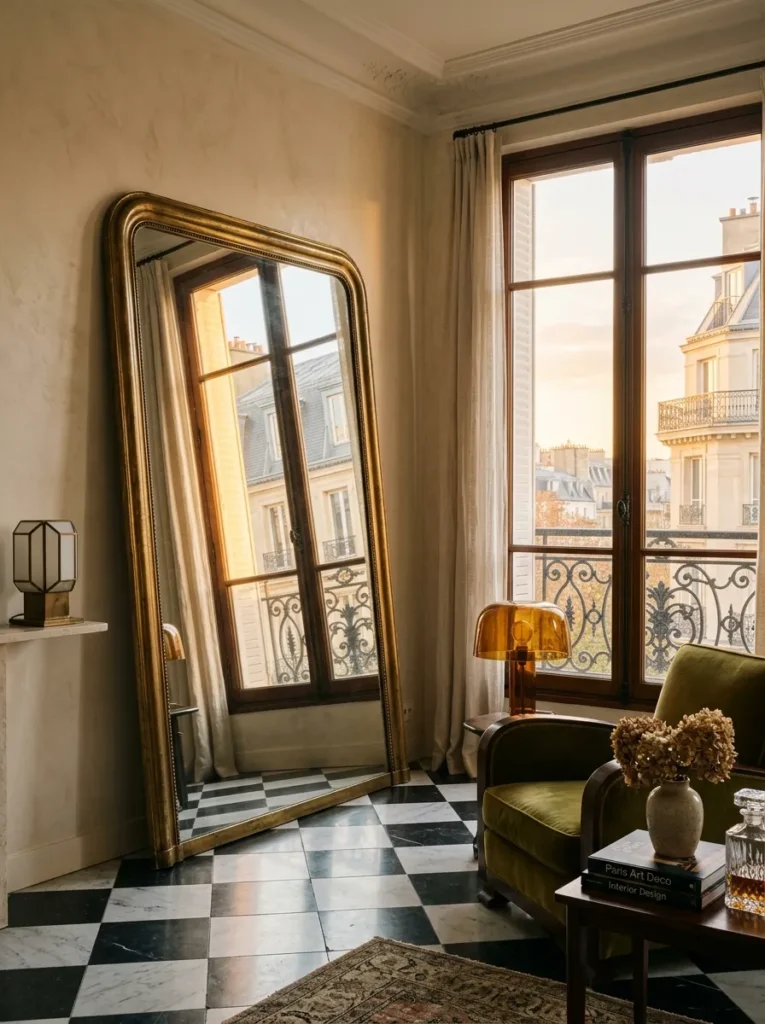 Brass-framed mirror leans opposite a tall window, doubling golden light in a Parisian apartment living room.

