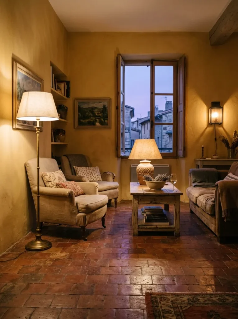 Three layered lamp sources glow together at dusk in an ochre-walled Provençal apartment living room.