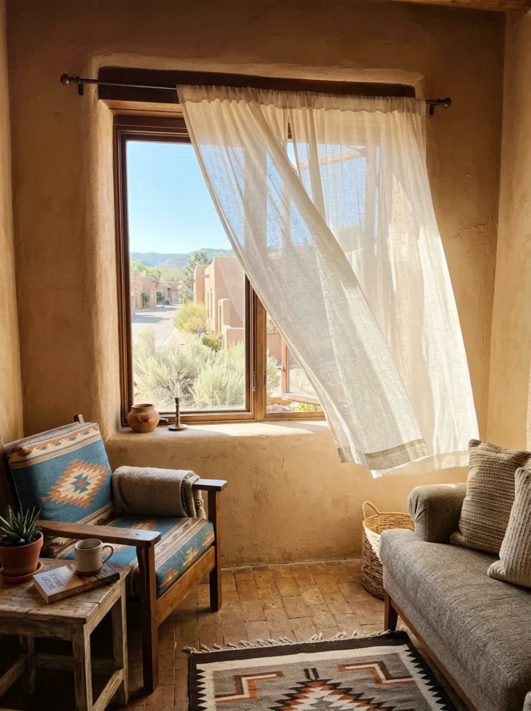 Lightweight linen sheers glow with desert sun at a deep-set window in an adobe-style apartment living room.

