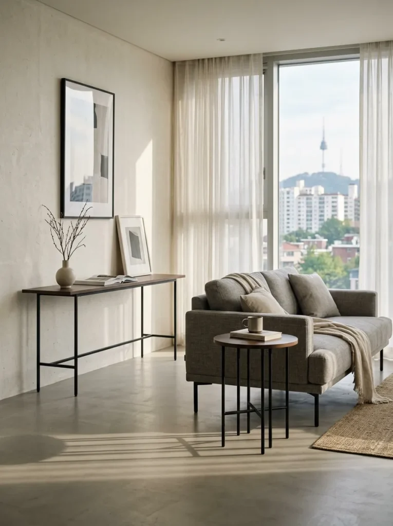 Matching slender black legs unify the sofa, table, and console in a contemporary Seoul apartment living room.

