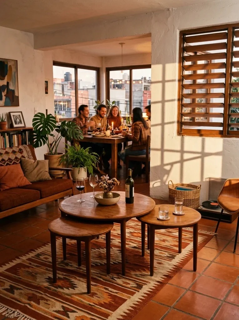Three round teak nesting tables sit pulled apart on terracotta tile in a mid-century apartment living room.

