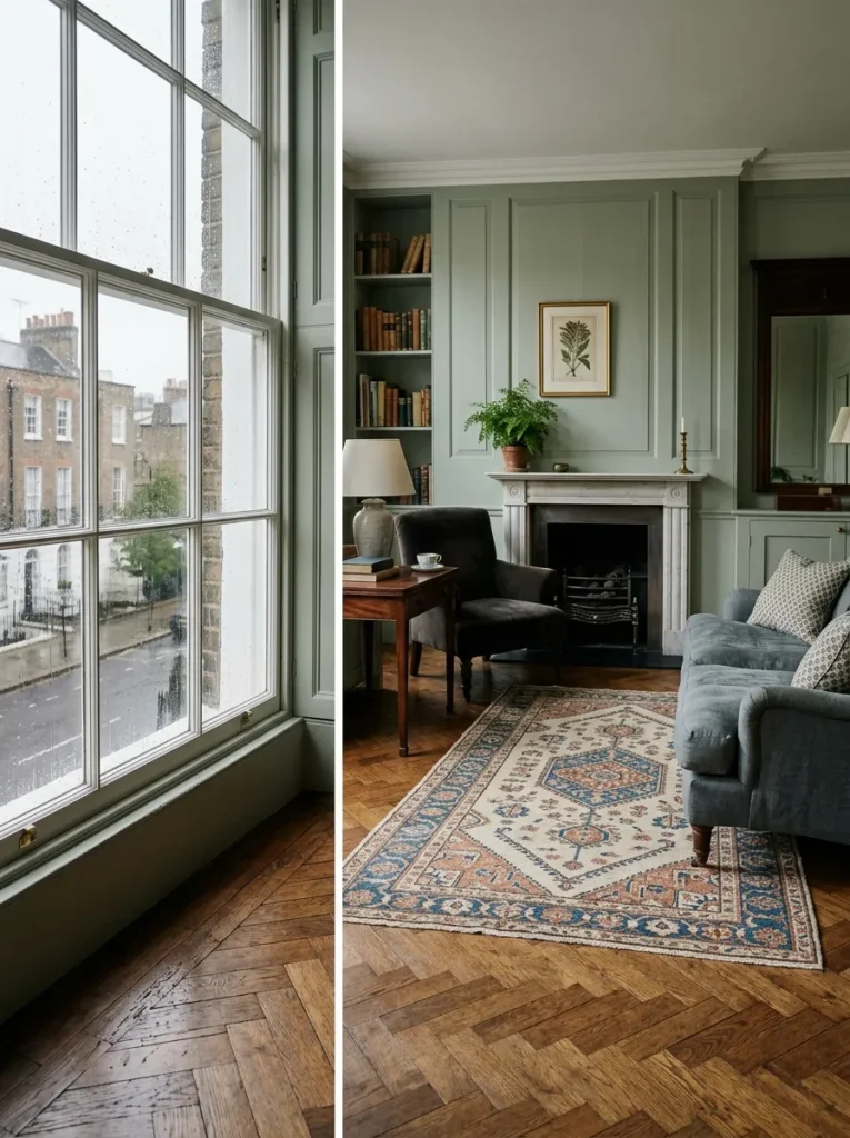 Wool rug sits short of the walls, revealing a herringbone oak border in a Georgian apartment living room.

