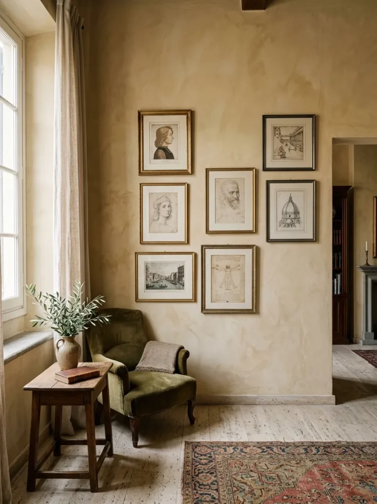 A small scaled gallery wall of eight frames leaves open plaster space in a Florentine apartment living room.

