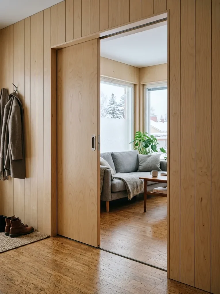 A birch-paneled sliding pocket door stands open at the entry of a bright Finnish apartment living room.

