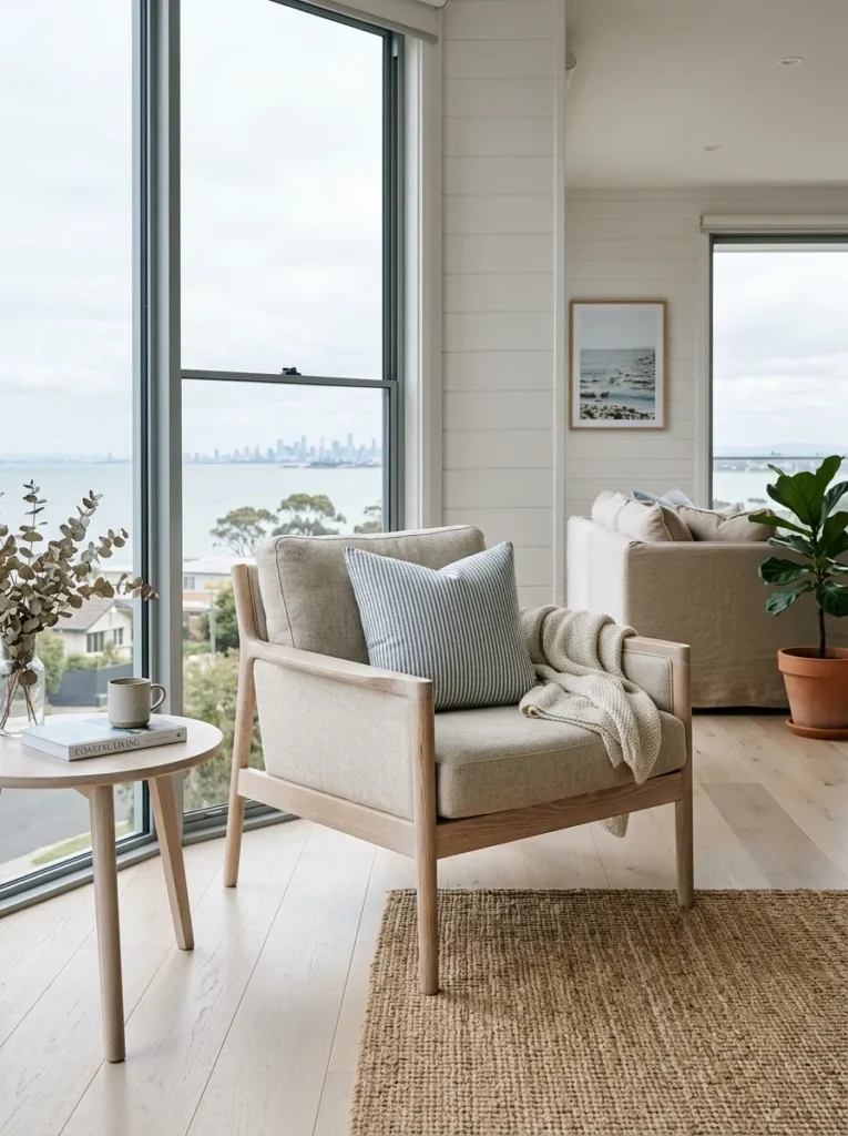 Bleached ash armchair on slender legs lets light pass beneath it in a bright coastal apartment living room.

