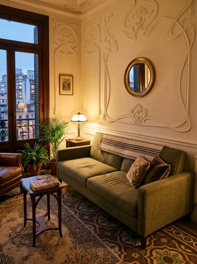 A slim-arm sleeper sofa shows tailored seams under lamp light in an Art Nouveau apartment living room.

