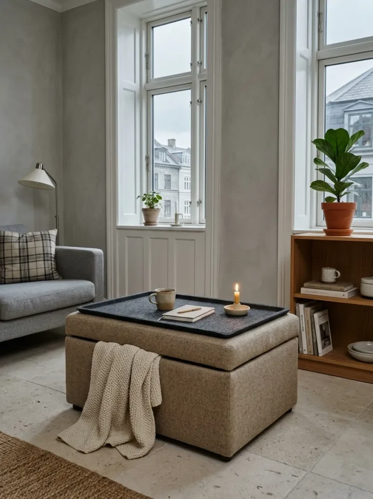 Upholstered storage ottoman with tray top centers a calm apartment living room in pale grey tones.

