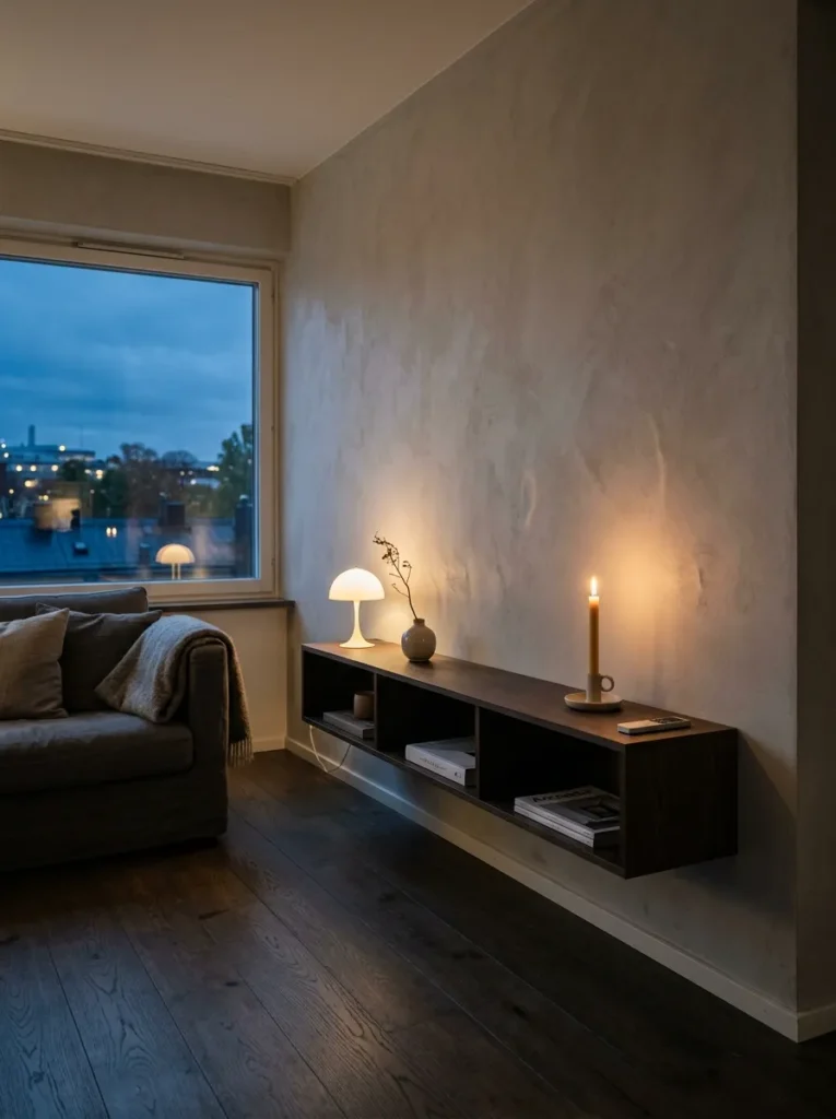 Slim wall-mounted oak media console floats above the floor in a minimalist Stockholm apartment living room.

