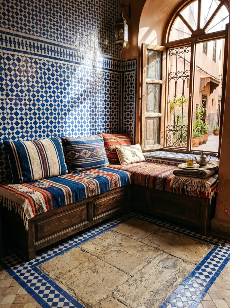 Built-in window seat with a lift-up lid sits framed by cobalt zellige tile in a Moroccan apartment living room.


