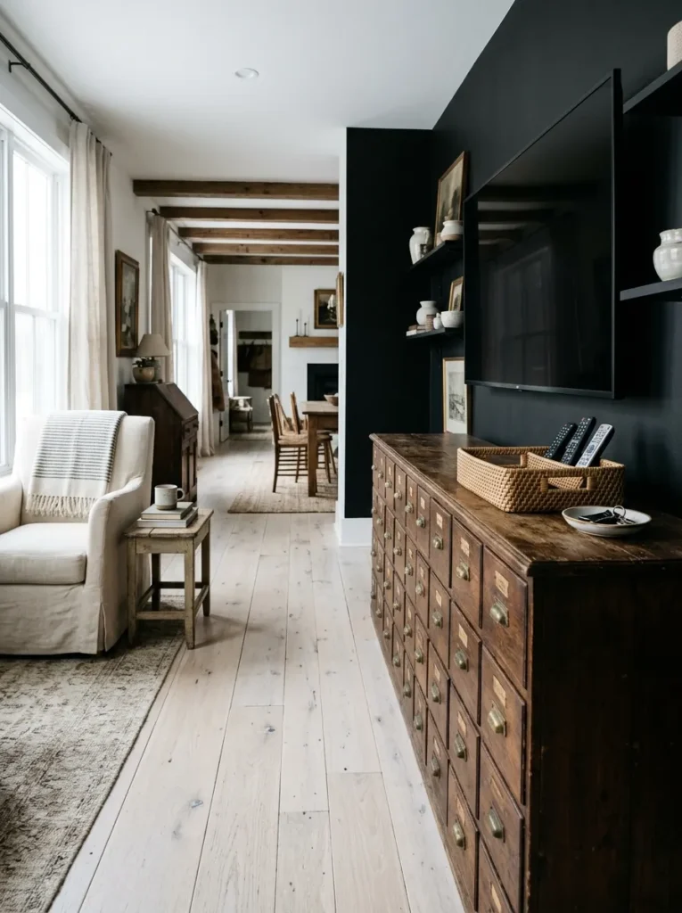 Vintage apothecary cabinet with small drawers repurposed as a media console in farmhouse living room
