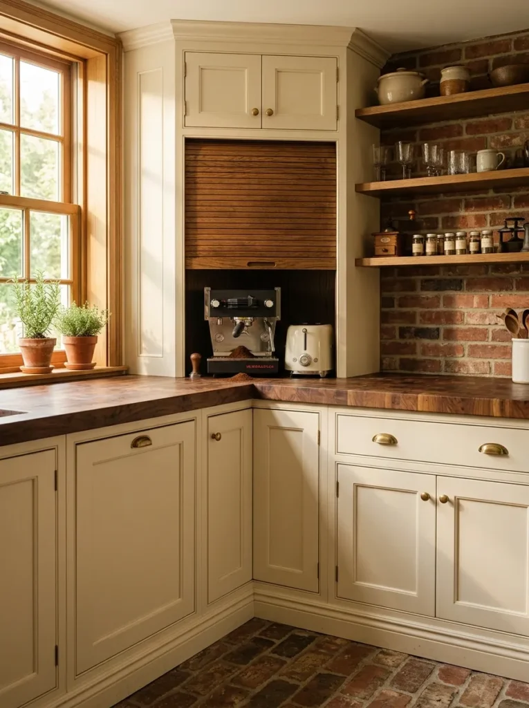 Wood tambour door appliance garage on kitchen counter concealing coffee maker and toaster