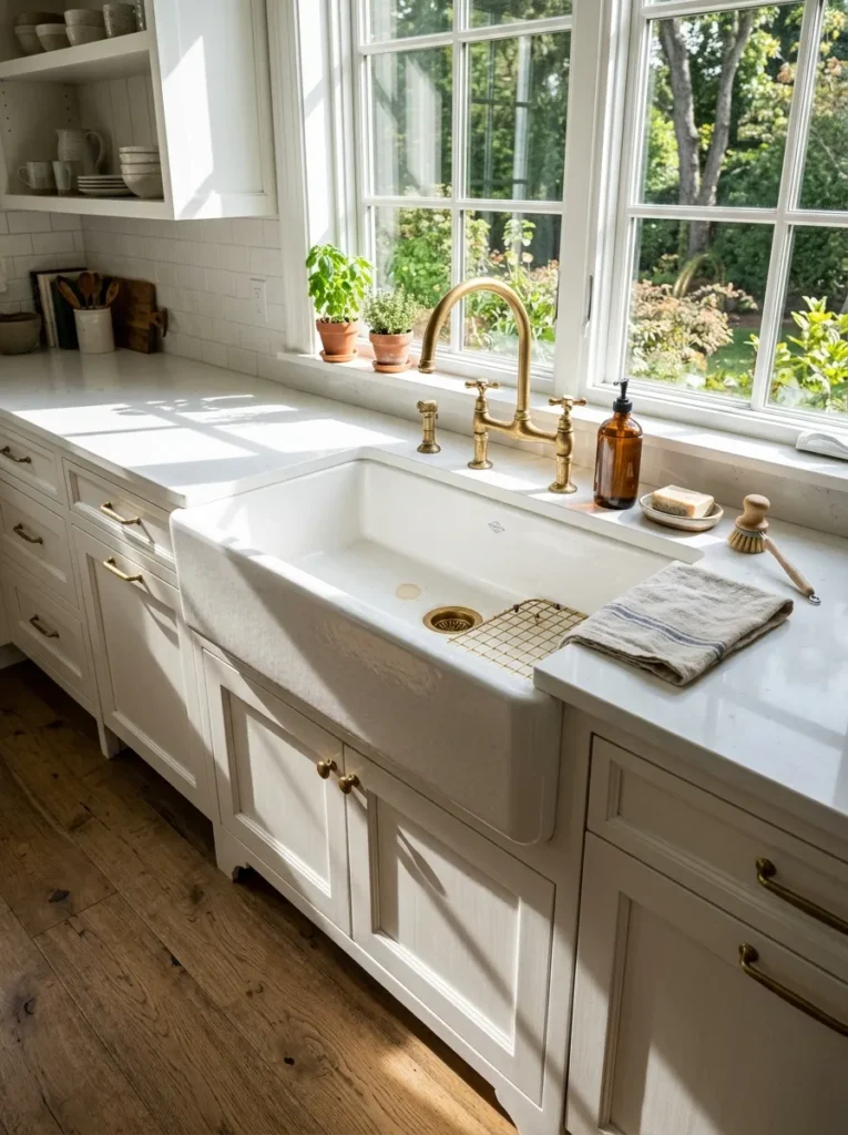 White apron-front farmhouse sink set into a white kitchen cabinet base