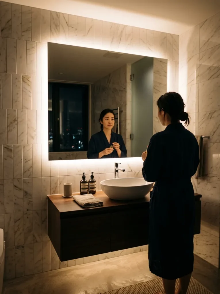 Full-wall backlit mirror with soft perimeter LED glow providing even illumination in a minimal Japanese-inspired bathroom.