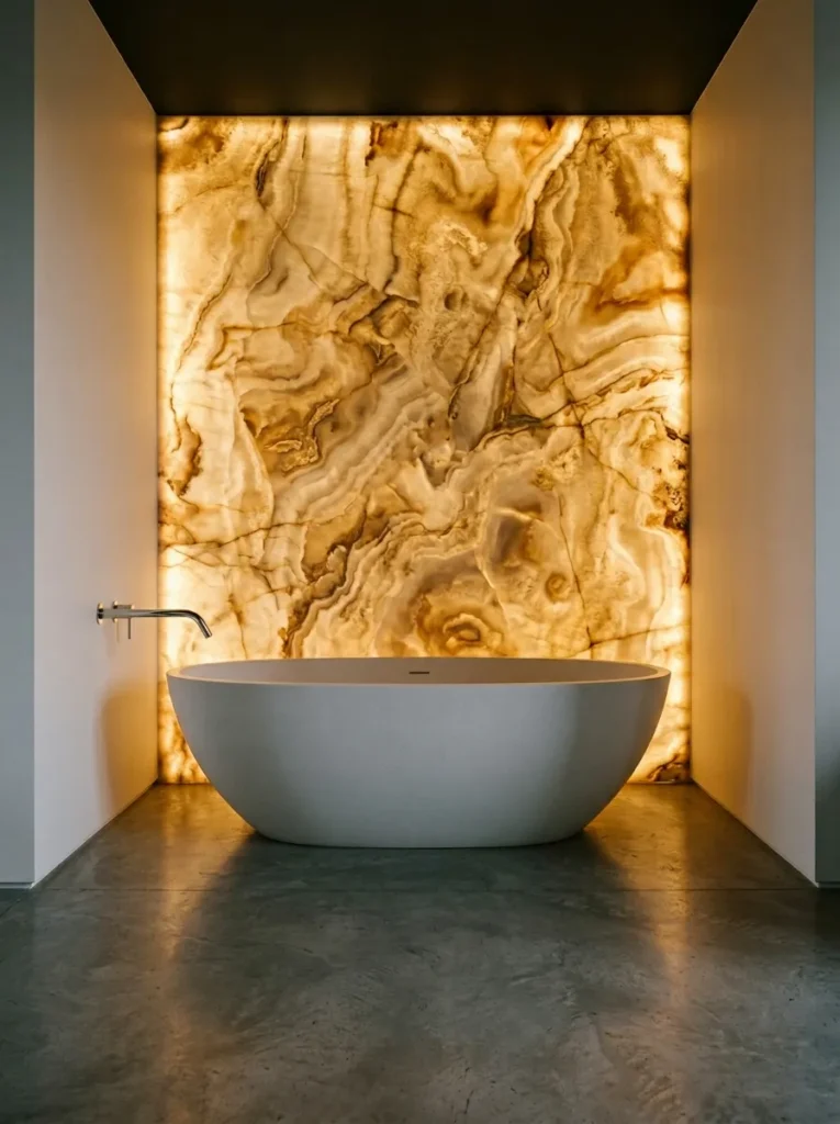 Spa bathroom with translucent onyx stone feature wall backlit with warm LED panel, freestanding white bathtub positioned in front