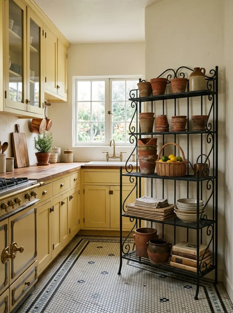Tall black metal baker's rack with multiple shelves filling unused kitchen corner