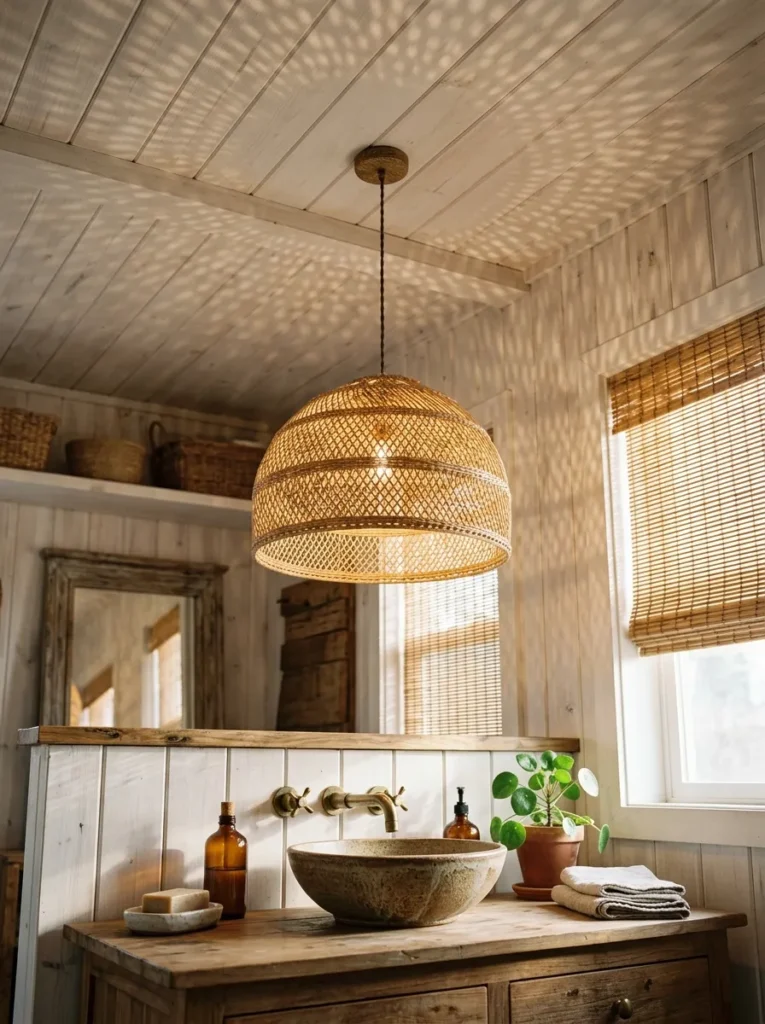 Woven rattan pendant light hanging above a bathroom vanity for warm texture