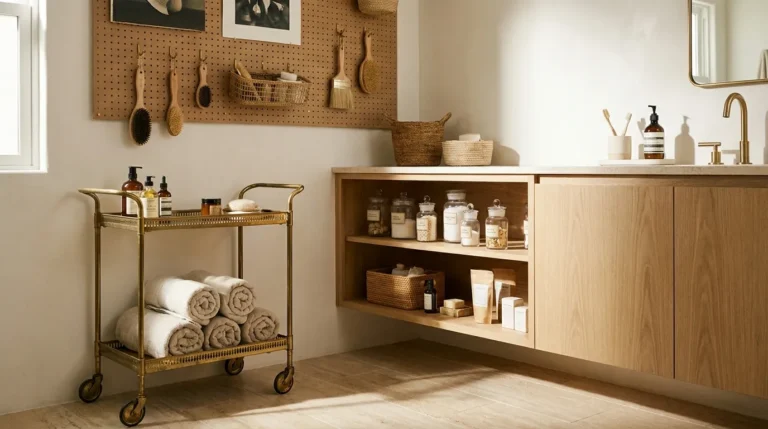 Organised spa-style bathroom with floating oak vanity, glass apothecary jars on open shelving, brass bar cart with towels, and pegboard above the sink in warm morning light