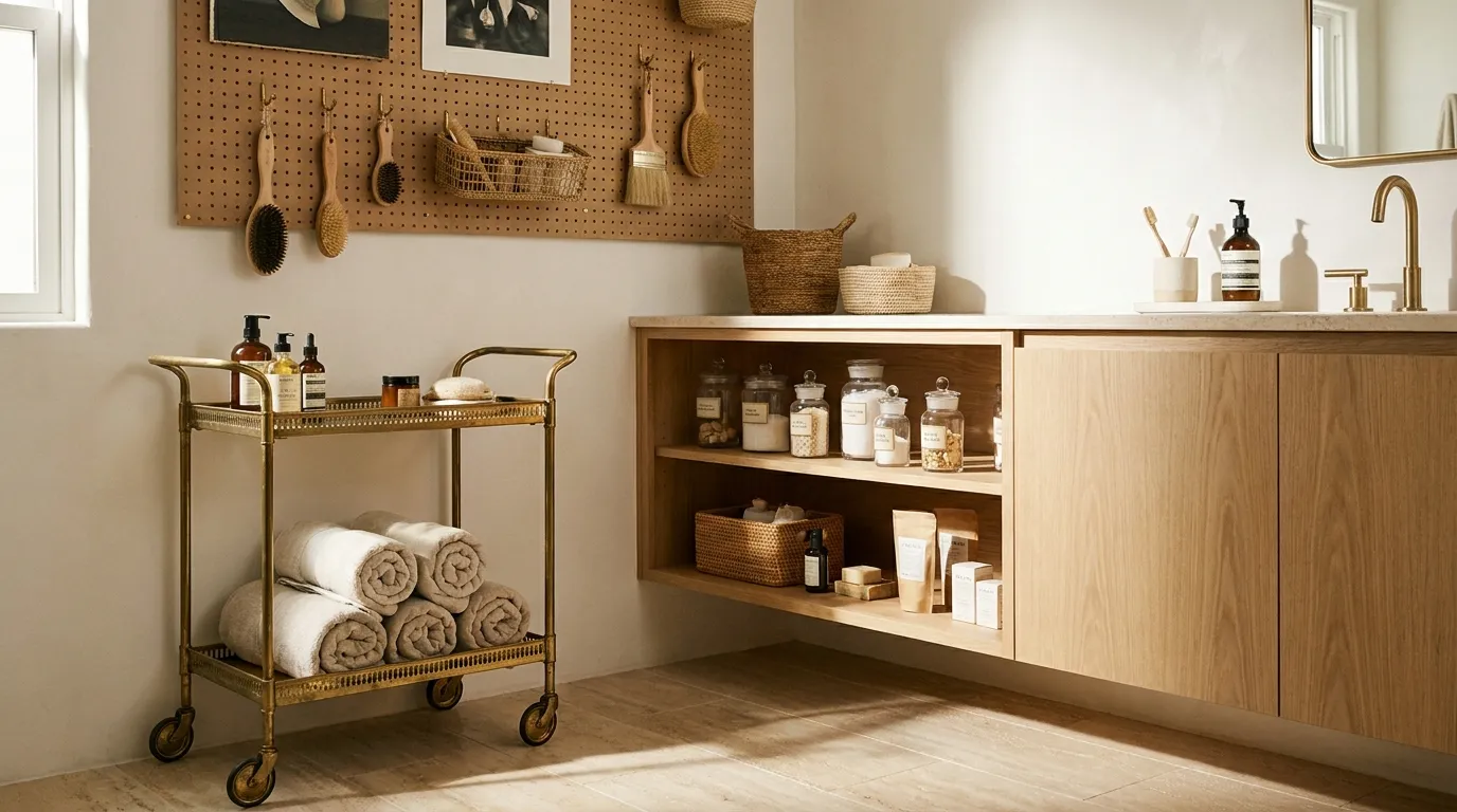 Organised spa-style bathroom with floating oak vanity, glass apothecary jars on open shelving, brass bar cart with towels, and pegboard above the sink in warm morning light