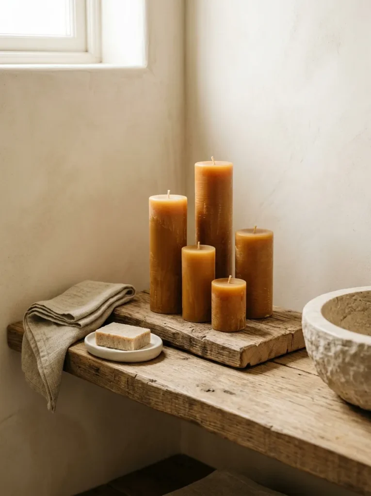  Wooden breadboard-style tray holding five natural beeswax pillar candles of different heights beside a stone basin on a bathroom shelf
