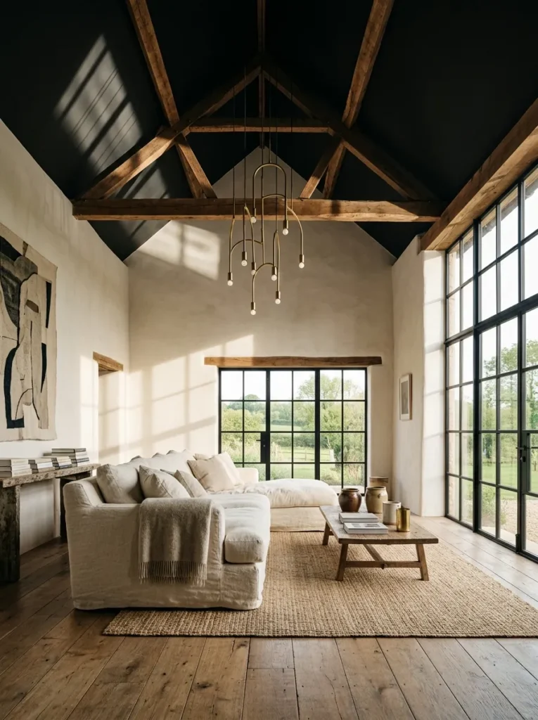  Living room with a matte black ceiling, white walls, and exposed wood beams