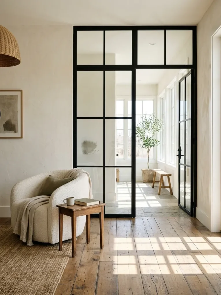  Black metal and glass window-pane room divider separating a farmhouse living room from a hallway
