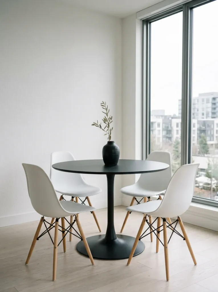Black round dining table anchoring a small all-white minimalist dining room