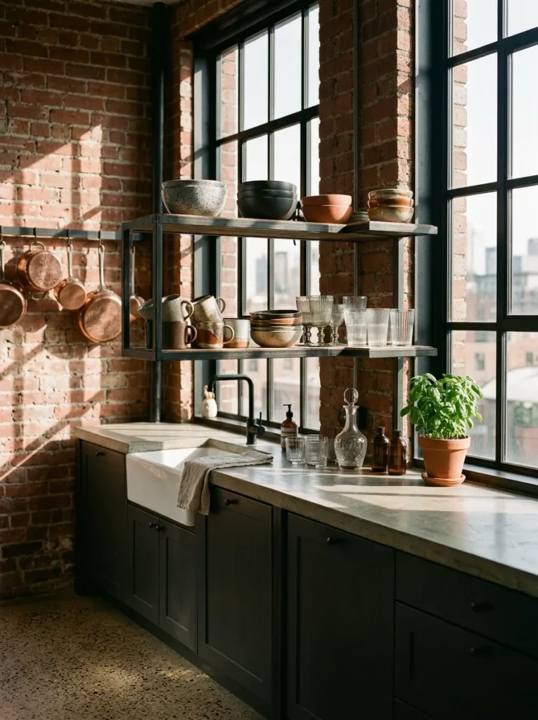 Dark kitchen with exposed black steel open shelving styled with ceramics