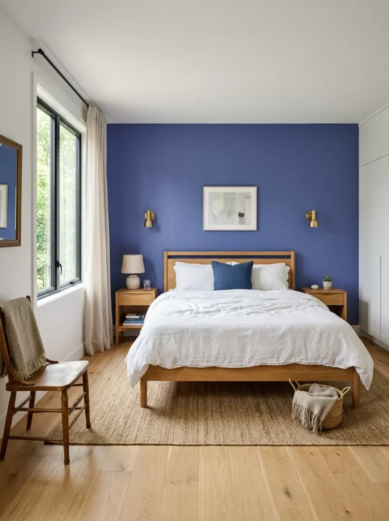 Single deep blue accent wall behind a bed with the remaining walls left white
