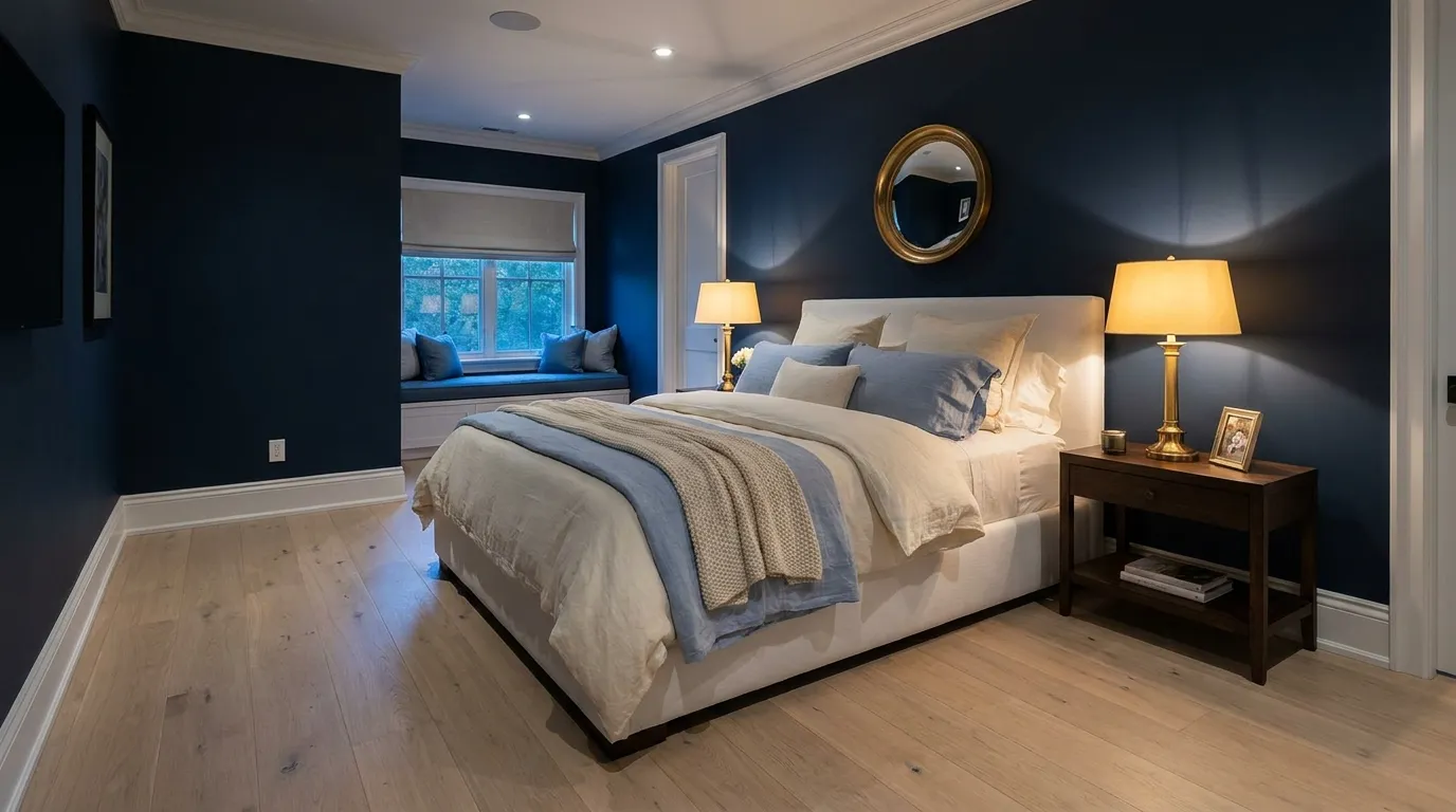 Blue bedroom ideas featuring navy walls, layered blue bedding, brass accents, and timeless sophisticated decor