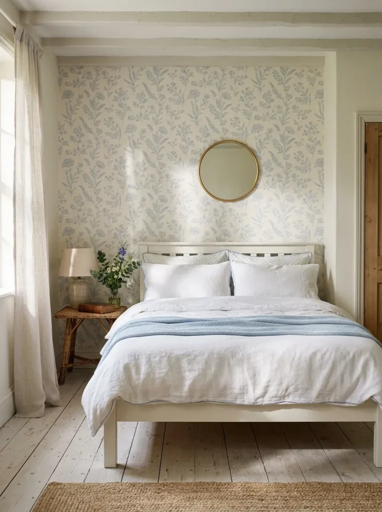 Soft blue botanical print wallpaper behind a bed with simple white linens
