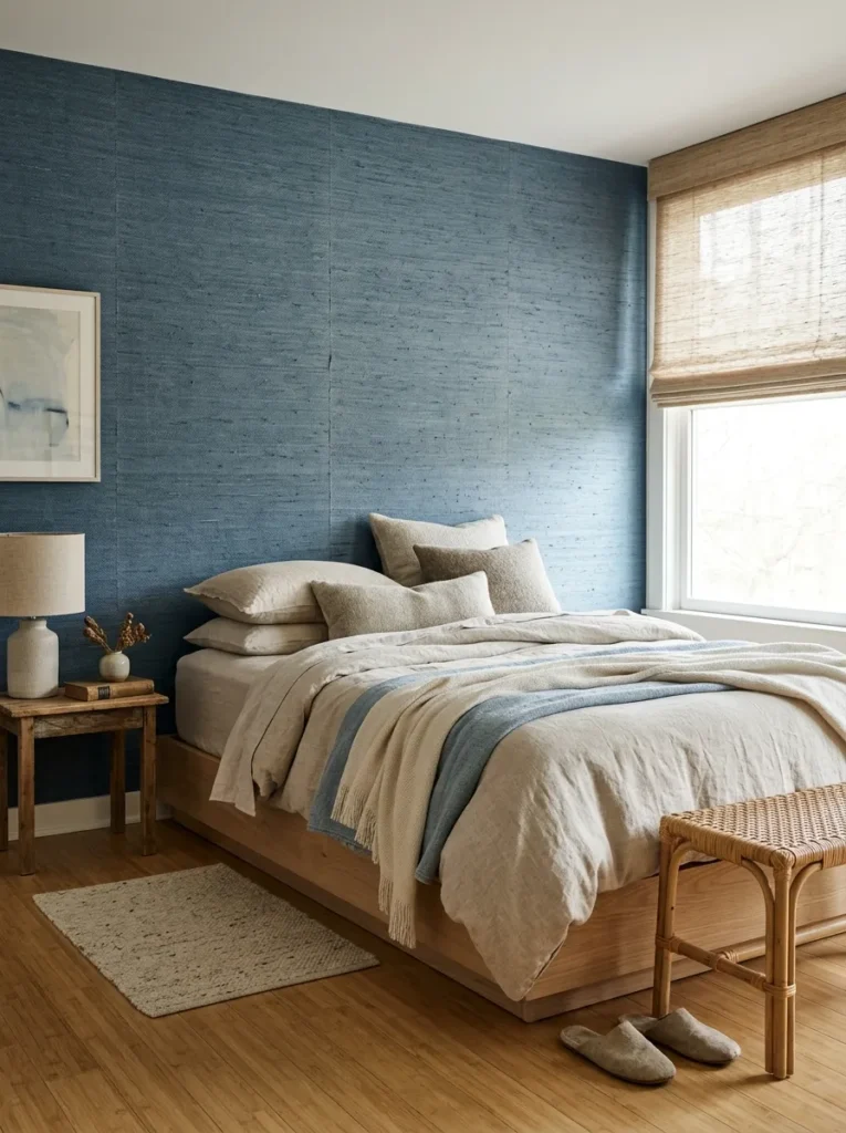 Textured blue grasscloth wallcovering behind a bed in a calm, organic bedroom