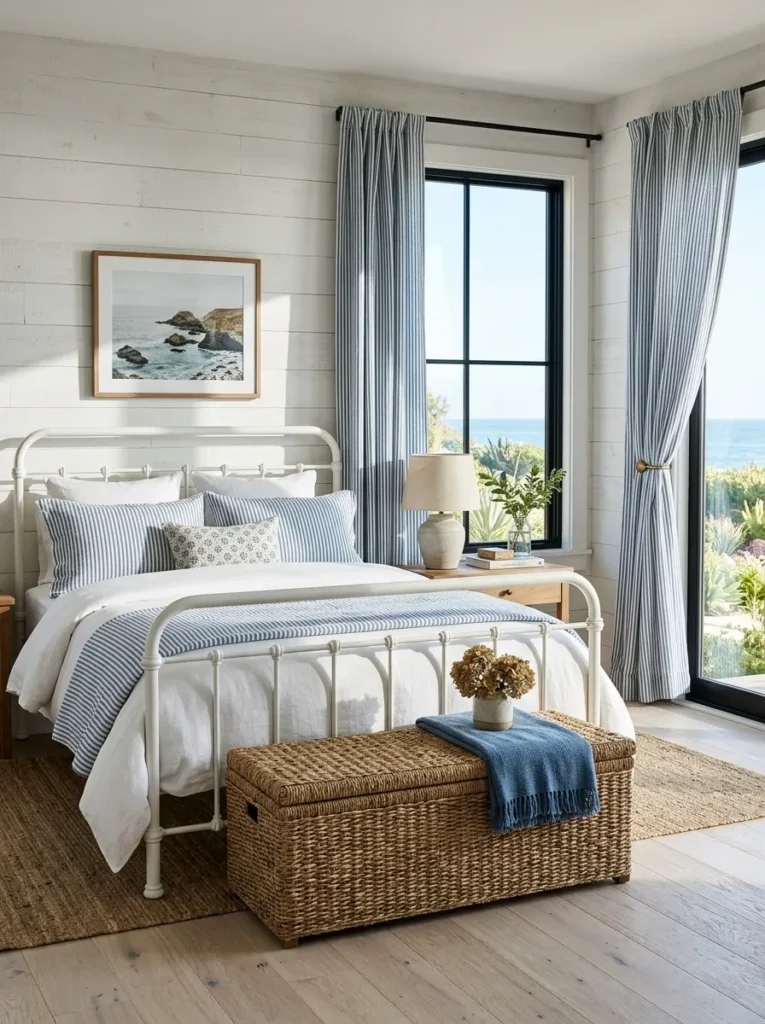 Blue and white ticking stripe bedding and curtains in a classic coastal bedroom