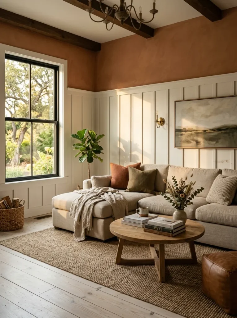  Farmhouse living room with white board and batten wainscoting and warm clay-toned paint above

