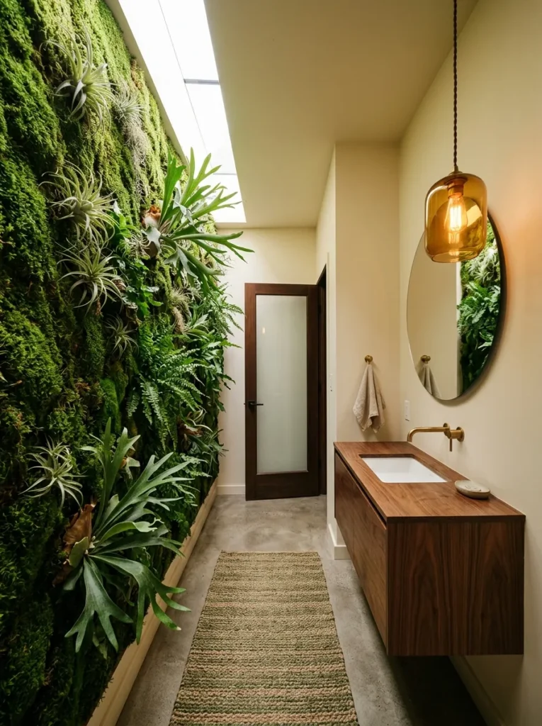 Spa bathroom with a vertical living moss and fern panel wall installation beside a floating walnut vanity and round mirror with warm lighting