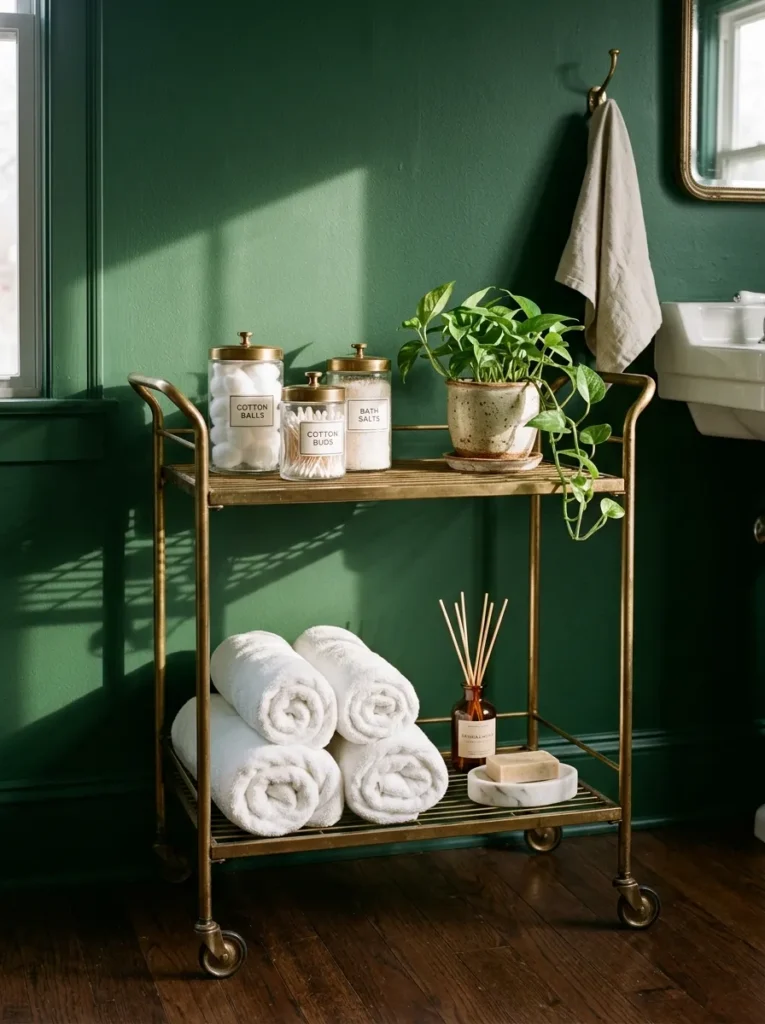 Vintage-style brass two-tier bar cart repurposed as bathroom storage with rolled towels on the lower shelf and glass canisters on the upper tier